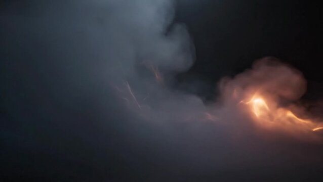 Volcanic eruption spews lava and smoke into the dark night sky