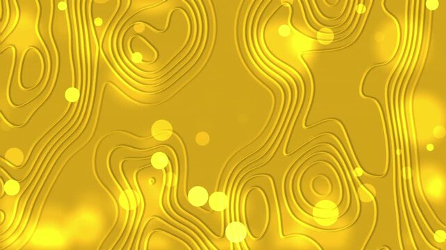 Abstract embossed gold background featuring layered topographic contour lines with glowing bokeh light effects. Luxurious modern composition combining raised textures, luminous golden tones, and elega