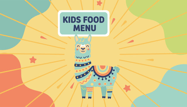 Playful kids food menu cover template with a cute cartoon llama holding a sign against a retro sunburst background.