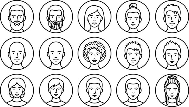Diverse People Avatar Line Icon Set with Circular Frames Featuring Diverse Hairstyles, Men with Beards, and Women Vector Illustrations