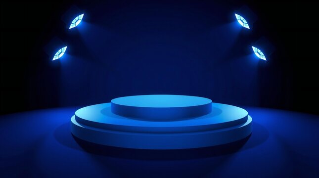 Futuristic neon blue stage podium with spotlight illumination