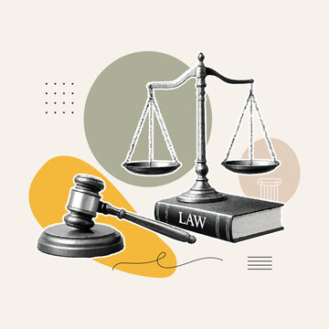 Justice collage with gavel, balance scale and law book in vintage engraving style. Minimal legal illustration for attorney branding, court, legislation, education and business design.