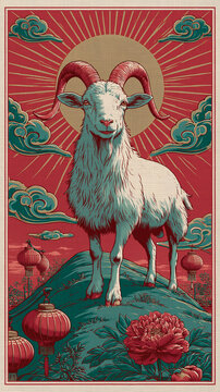 Year of the Goat 2027 Chinese Zodiac illustration featuring a majestic white goat with traditional red lanterns, blooming flowers, and festive Lunar New Year design