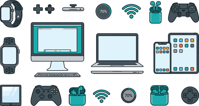 Electronic Gadget and Smart Device Icon Set with Computer, Laptop, Smartphone, Smartwatch, Earbuds, and Game Controller Vectors