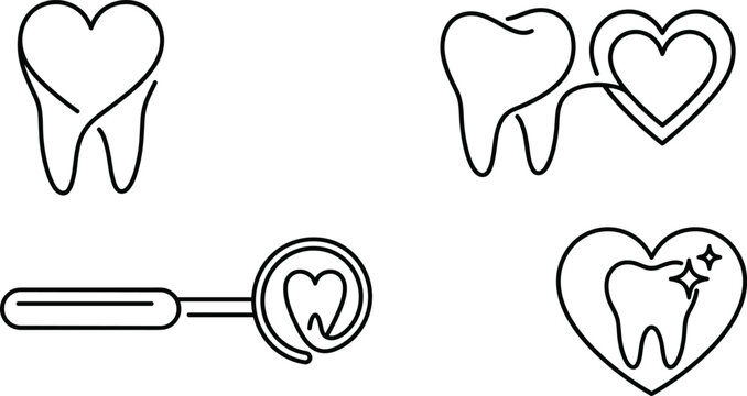 Dental Care and Stomatology Continuous Line Icon Set with Tooth, Heart Love Shapes, and Dentist Mirror Tool Vectors