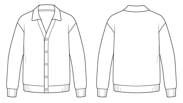 mens long sleeve buttoned cardigan sweater flat sketch vector illustration. front and back view template. cad mockup. transparent background.