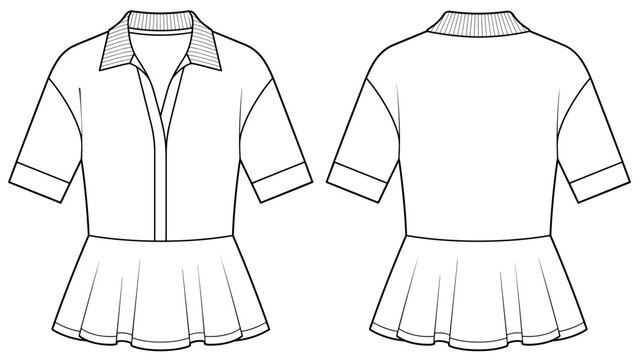 womens pleated hem short sleeve polo top flat sketch vector illustration. front and back view template. cad mockup. transparent background.