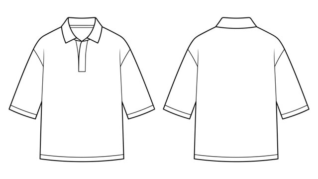 mens boxy fit short sleeve polo t-shirt flat sketch vector illustration. front and back view template. cad mockup. transparent background.