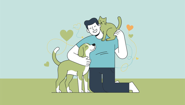Smiling young man kneeling and cuddling his pet dog and cat showcasing unconditional love and friendship with animals.