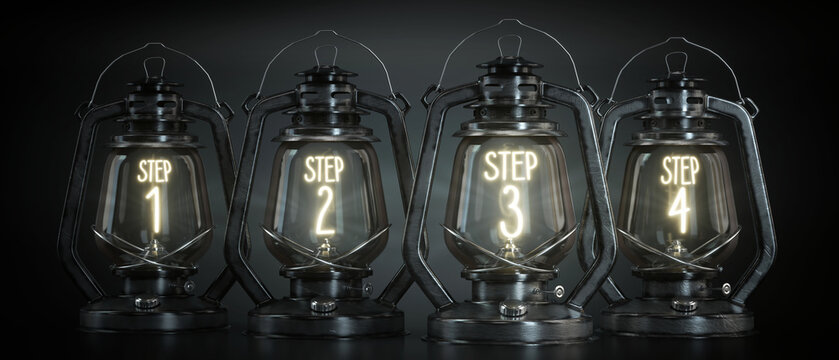 Step 1, 2, 3, 4 - Vintage Kerosene Lanterns - 3d illustration