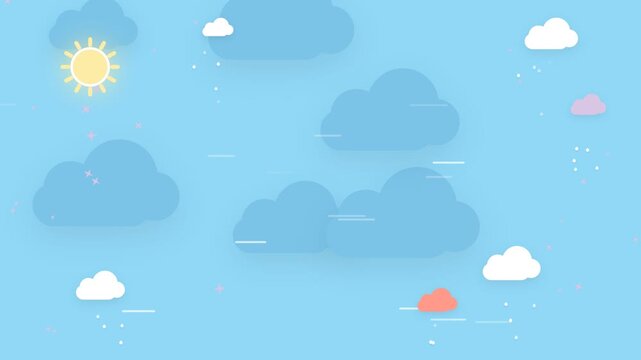 Flat Design Cartoon Sky Background with Sunny Sun and Moving Clouds for Kids Education or Weather App