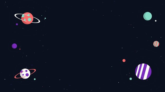Minimalist Flat Vector Space Illustration with Colorful Planets and Stars on Dark Background