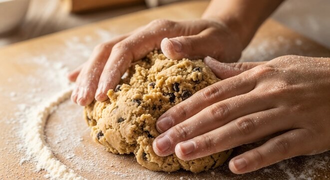 Mixing cookie dough with hands on wooden countertop with flour scattered around for baking. Cookie dough preparation includes ingredients like chocolate chips and nuts for sweetness.