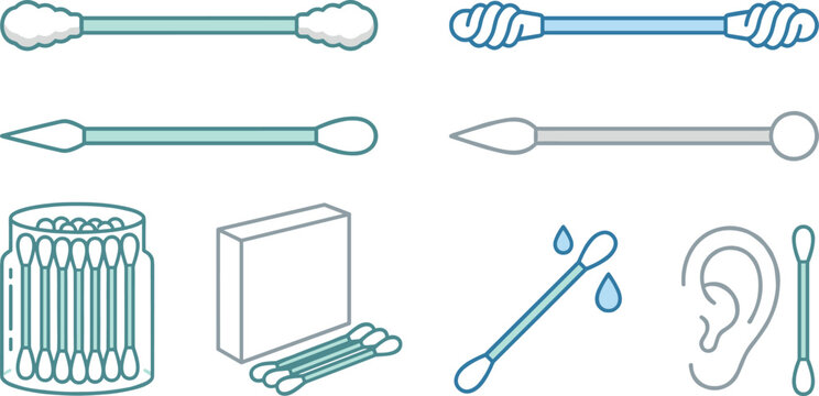 Cotton Swab and Ear Cleaning Bud Icon Set with Cosmetic Packaging Boxes and Personal Care Vector Elements