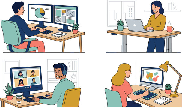 Freelance Remote Office Workers Set with People Designing, Analyzing Data, Standing at Desks, and Conducting Online Video Meetings