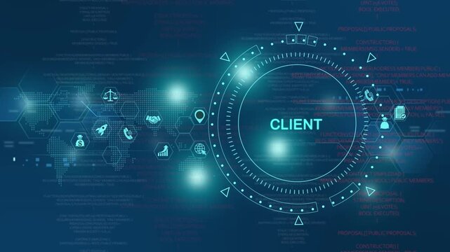Digital client management interface with global network hud and data visualization