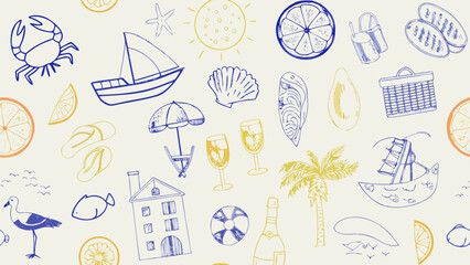 Coastal themed sketches featuring crabs sailboats seashells and citrus fruit a hand drawn vector pattern beachcombing © Unnati