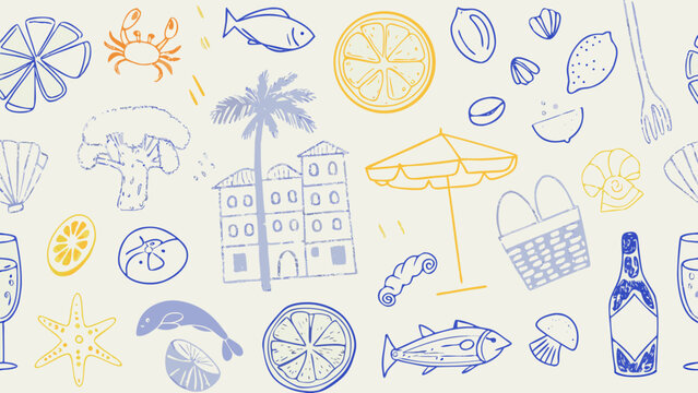 Coastal themed vector illustration featuring seashells citrus fruit fish and architectural elements beachcombing marine life oceanic