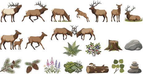 Obraz premium Elk and deer animal collection with forest flora, pine cones, mushrooms, and woodland landscape design elements