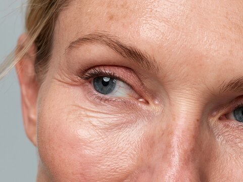 woman with the lower eyelid area showing mild lower eyelid bags and age-related orbital volume changes