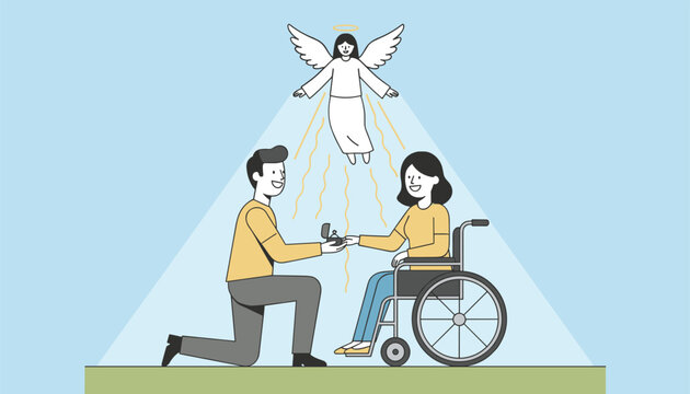 Romantic young man kneeling down to propose to a happy woman in a wheelchair under a blessing angel in a bright light beam.