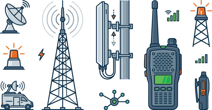Telecommunication and Emergency Radio Icon Set with Network Towers, Satellite Dishes, and Walkie Talkie Vectors for Communication Designs