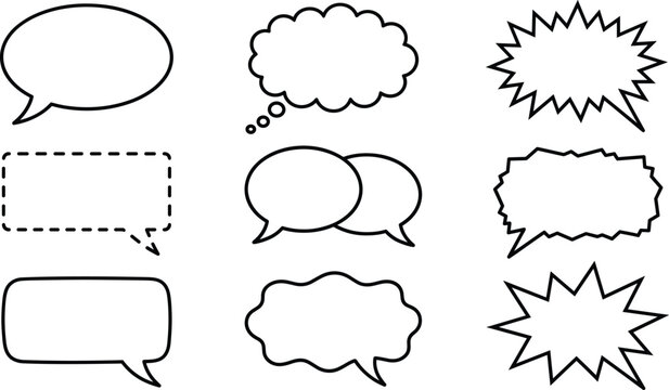 Blank Speech Bubble and Thought Cloud Icon Set with Comic Book Style Outlines for Dialogue, Chat, and Graphic Designs