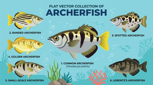 Flat vector collection of archerfish species with scientific names, aquatic animals in clear blue water with coral and plants