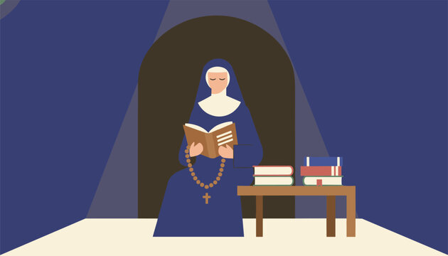 Religious catholic nun sitting in dark chapel holding holy Bible and praying with rosary beads in peace.