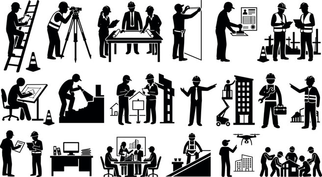 Set of construction and engineering workers icons, architects and builders working on project, planning and building process