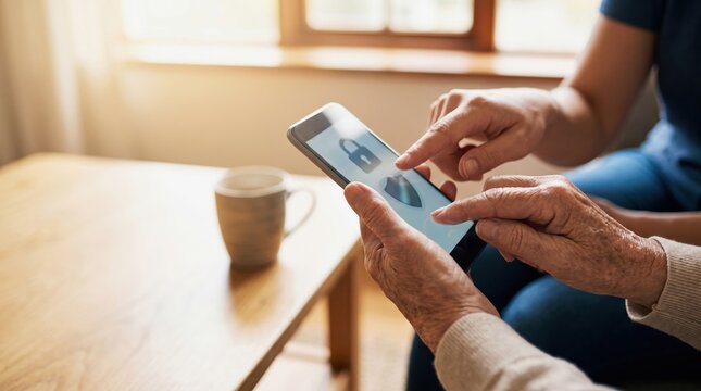 Smartphone AI Security and Payment Risk concept. Elderly people using a tablet displaying a digital padlock icon.