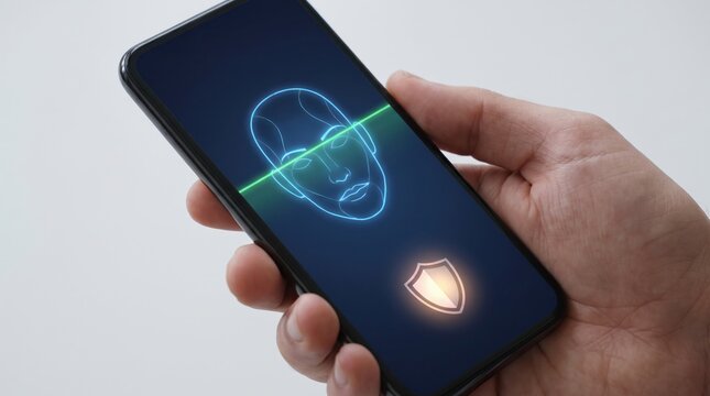 Smartphone AI Security and Payment Risk concept. Smartphone facial recognition unlocking with security shield icon displayed.