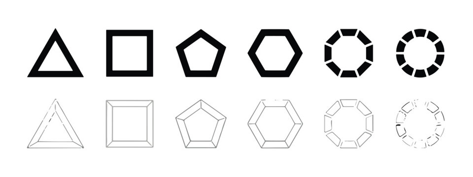 Geometric shape set featuring solid black outlines and corresponding thin gray wireframe of triangles, squares, pentagons, hexagons, octagons, and circles
