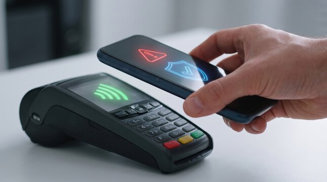Smartphone AI Security and Payment Risk concept. Person using smartphone for contactless payment on card reader terminal