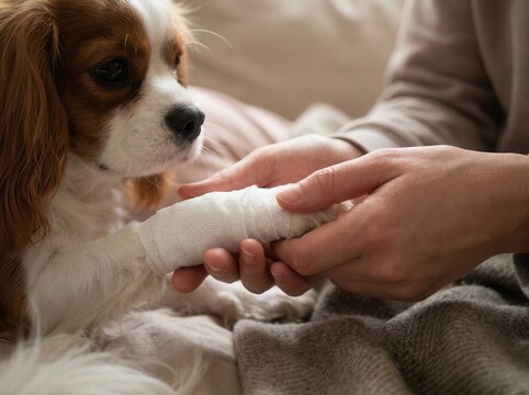 The owner holds the dog's bandaged paw in her hands
