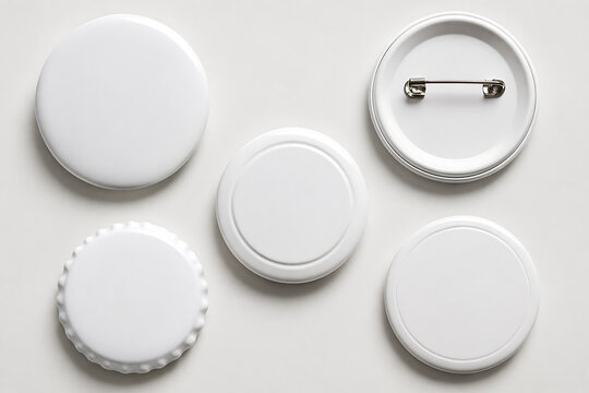 Blank white pin buttons on white background. Round badges for custom design mockups.