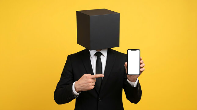 Businessman wearing a cube on his head gestures toward a clean smartphone display for a business presentation.