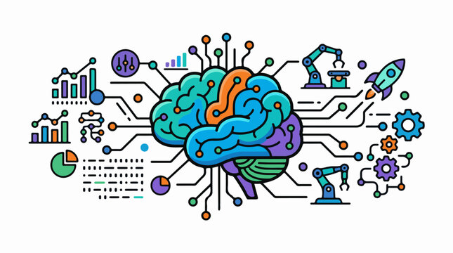 Colorful brain graphic with circuits charts robots rocket and gears