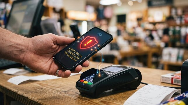 Smartphone AI Security and Payment Risk concept. Person making a contactless payment using a smartphone at a retail checkout counter