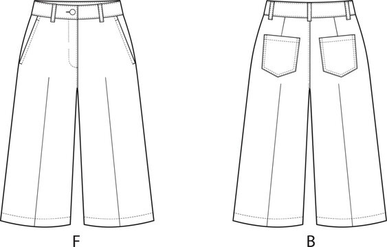 Technical fashion flat sketch of wide-leg culotte pants with side pockets and back patch pockets