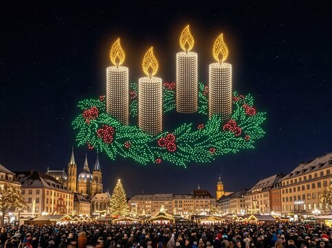Christmas drone show and 4 Advent candles against a dark sky