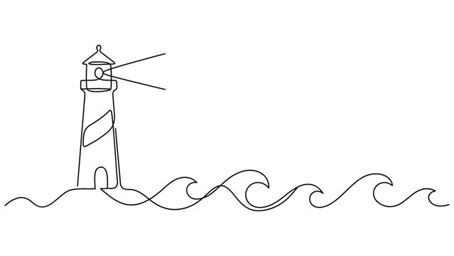 Line drawing of a lighthouse on the ocean with waves  simple illustration