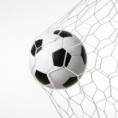 Fototapeta premium Soccer ball in goal net, close up shot on white background, representing success, achievement, and sports victory.