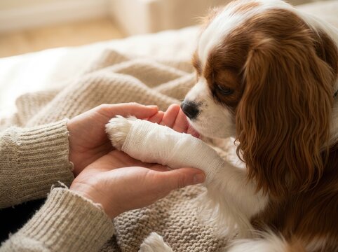 a dog with a bandaged paw and its owner