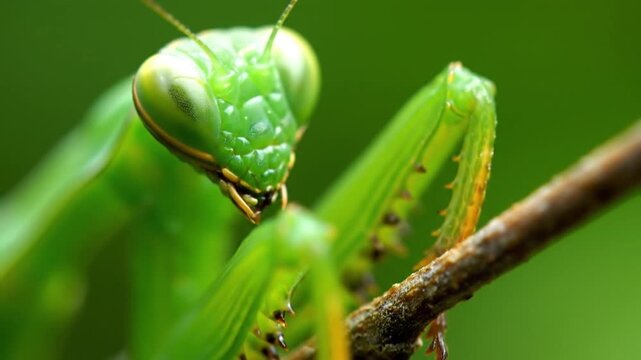 Green insect perched on a branch with green background