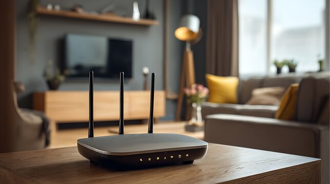 Modern wireless router with antennas on wooden table in cozy living room.