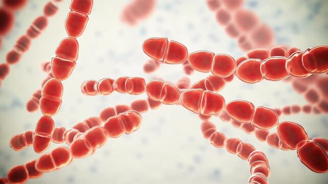 Streptococcus thermophilus, 3D animation showing Gram-positive lactic acid bacteria arranged in stable unbranched chains of spherical to slightly ovoid cocci.