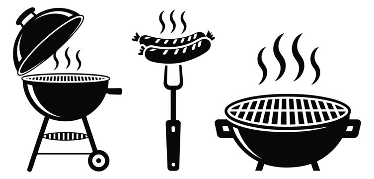 Barbecue Grill Hot Dog on Fork and Charcoal Grill with Smoke Steam Cooking Food Vector Illustration for Outdoor BBQ Design