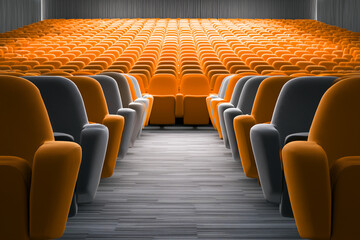 Naklejka premium Realistic illustration of empty auditorium seats in orange and grey colors in a theater hall.