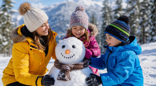 Happy family building snowman in snowy mountains during winter